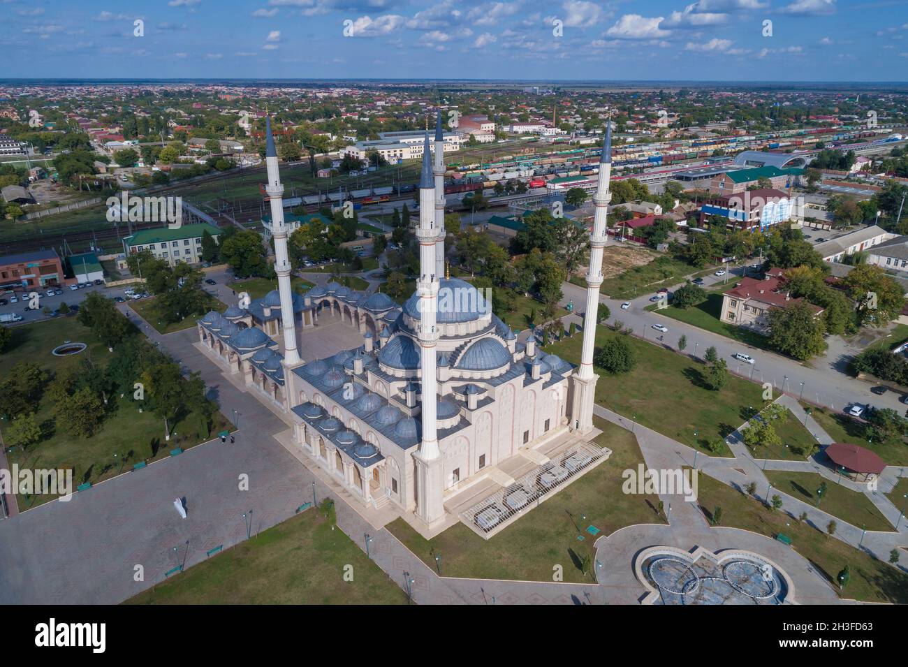 Top view of the Tashu-Khadzhi mosque on a sunny September day. Gudermes, Chechen Republic. Russian Federation Stock Photo