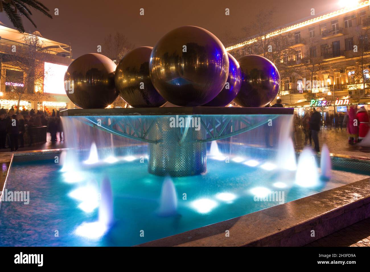 BAKU, AZERBAIJAN - DECEMBER 30, 2017: Fountain with balls on New Year's Eve. Fountain Square Stock Photo