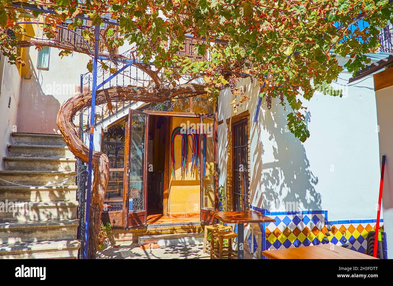 The old terrace of the teahouse in Albaicin neighborhood with narrow staircase and shady grapevine, Granada, Spain Stock Photo