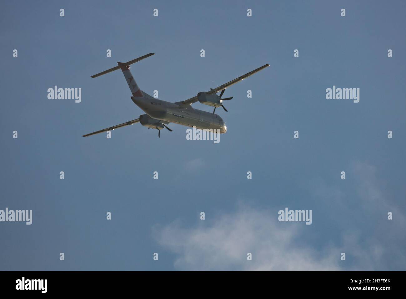 Budapest / Hungary - November 11, 2019: Austrian Airlines Bombardier DHC-8 Q400 OE-LGB passenger plane departure and take off at Budapest Airport Stock Photo