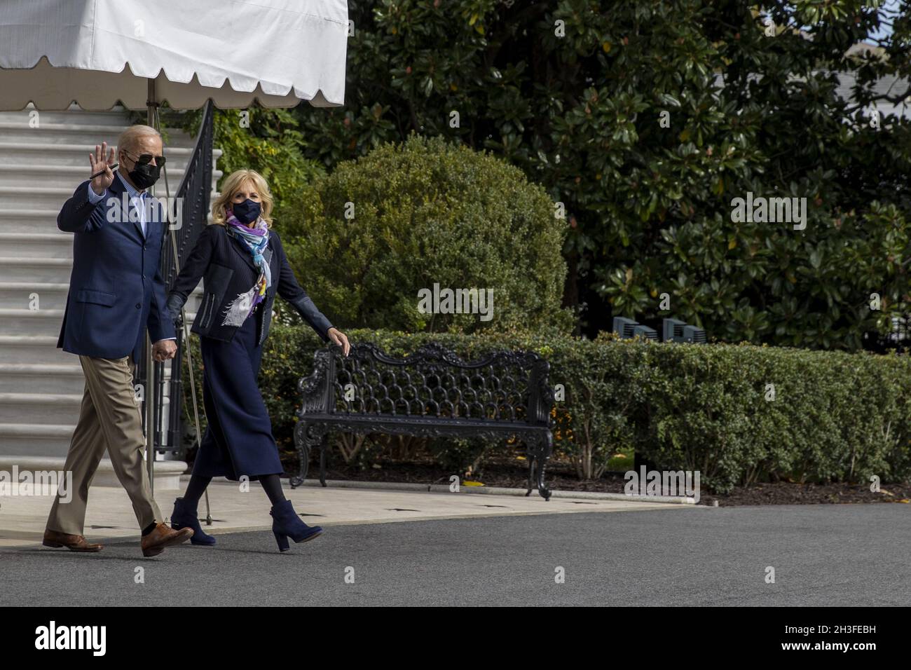 Washington, United States. 28th Oct, 2021. President Joe Biden and First Lady Jill Biden walk on the south lawn of the White House, in Washington, DC on Thursday, October 28, 2021. President Joe Biden and First lady Jill Biden are heading to Europe to attend the G-20 Summit and for a meeting with Pope Francis and other world leaders. Photo by Tasos Katopodis/UPI Credit: UPI/Alamy Live News Stock Photo