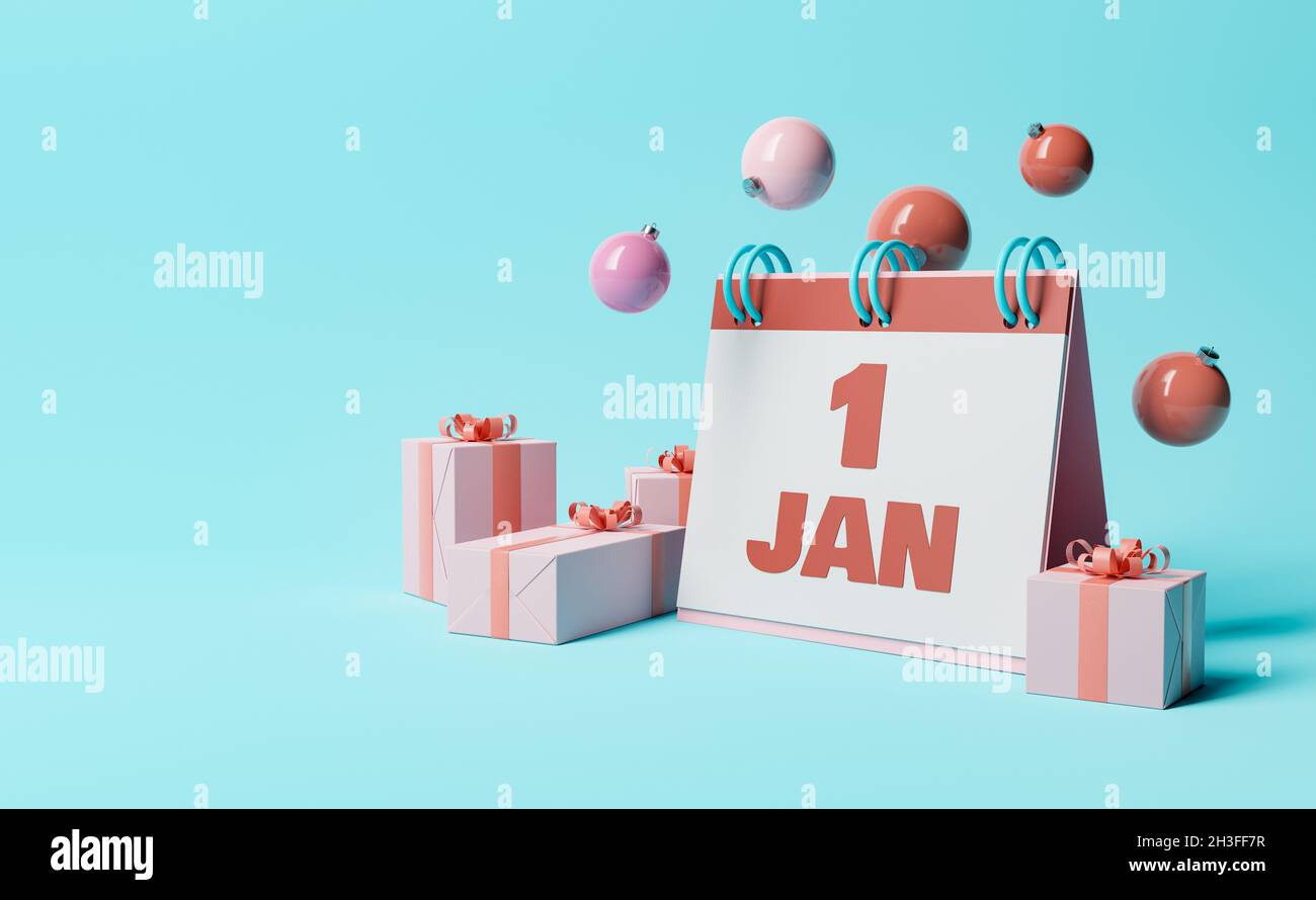 Box With January january 1st calendar with gift boxes and christmas balls around. copy ...