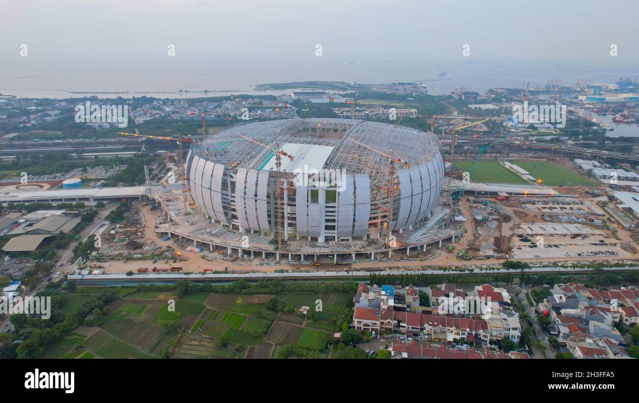 Aerial view of construction of new football stadium for