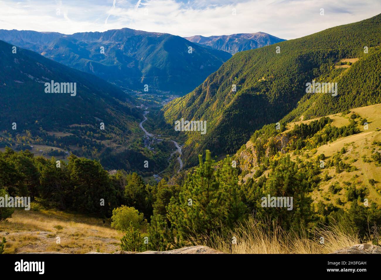 Panoramic view from Mirador del Quer, the Canillo valley looking south. Andorra Stock Photo