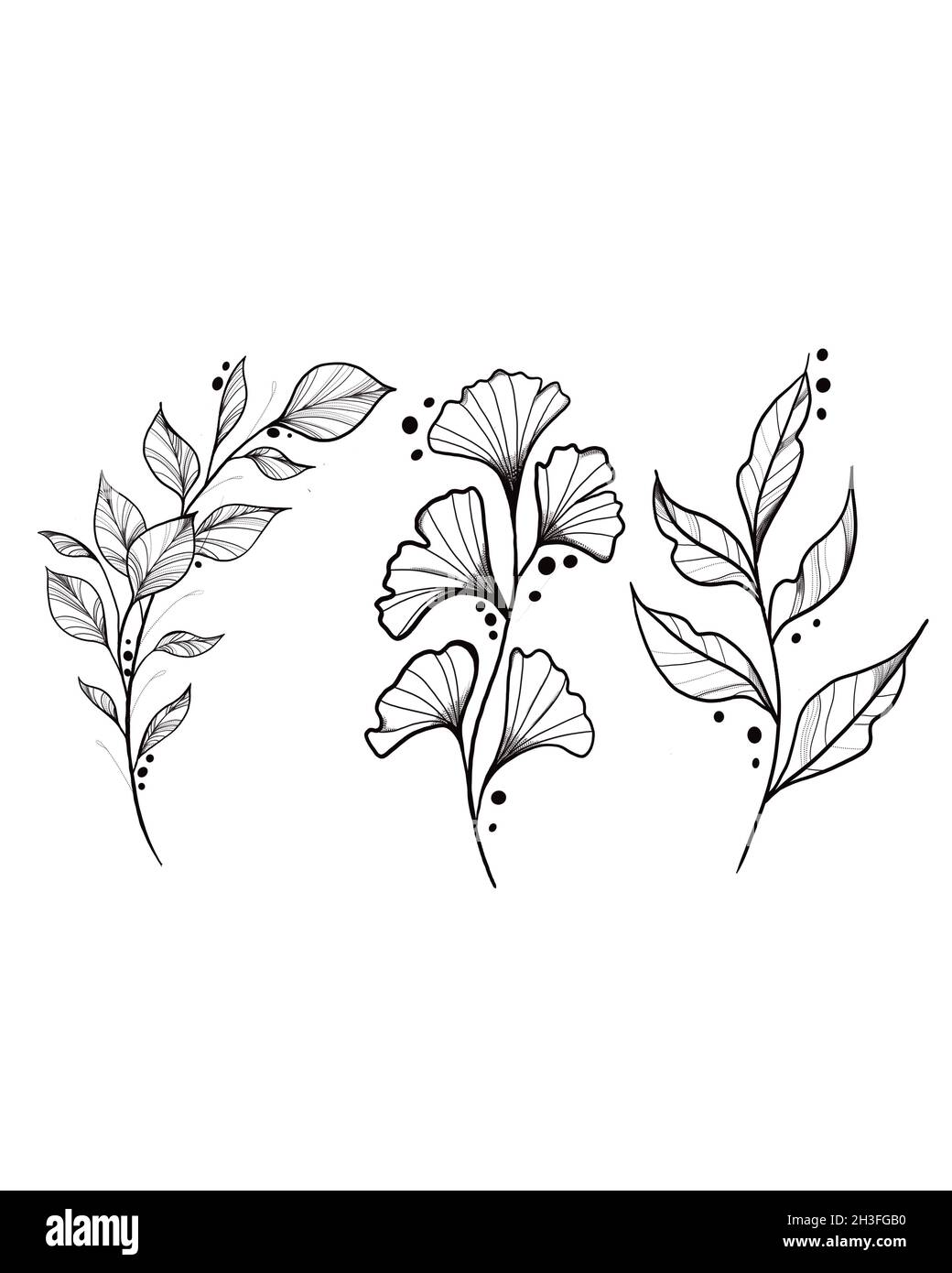 set of plant tattoo designs . Hand drawn illustration of leaves. logo ...