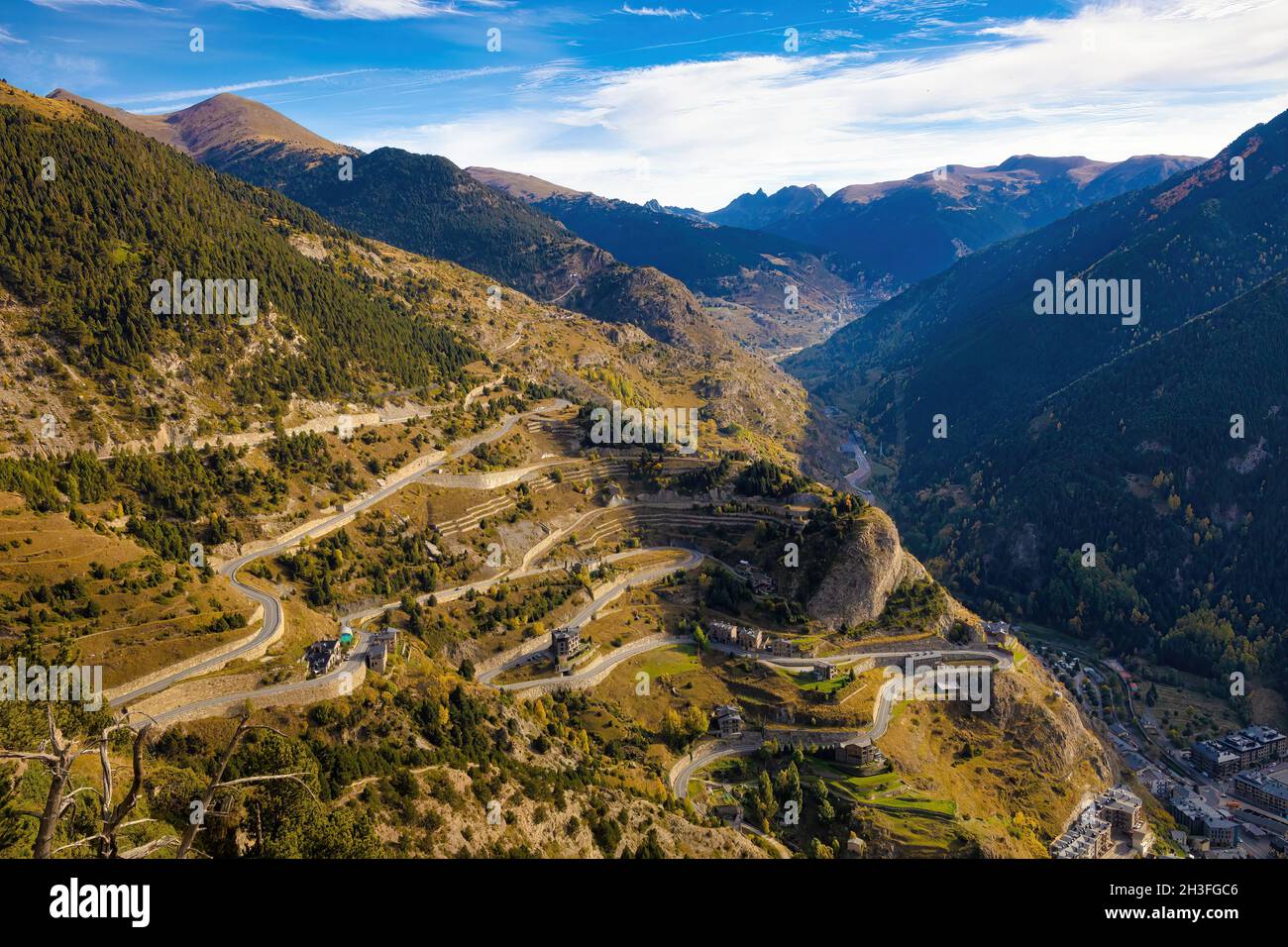 Panoramic view from the Quer viewpoint, the Canillo valley looking north, Pas de la Casa. Andorra Stock Photo
