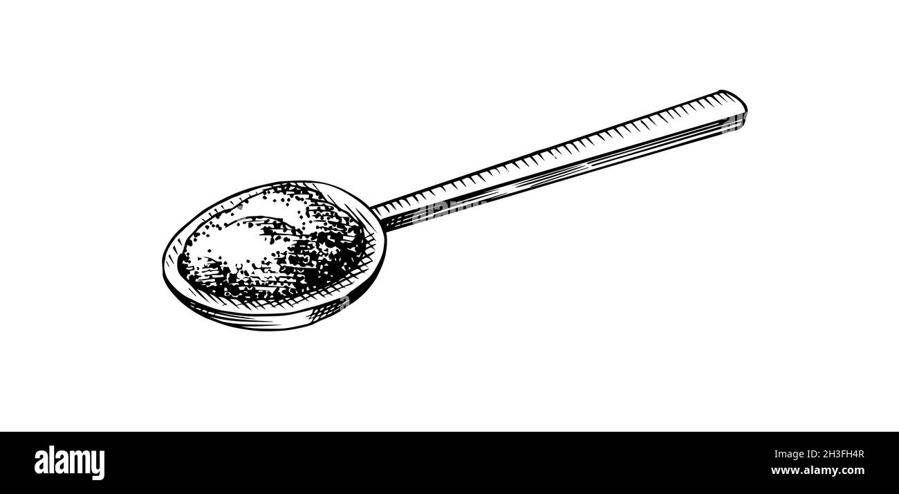 Wooden spoon with tea leaves in graphic style, hand-drawn vector posters  for the wall • posters teaspoon, cafes, bag | myloview.com