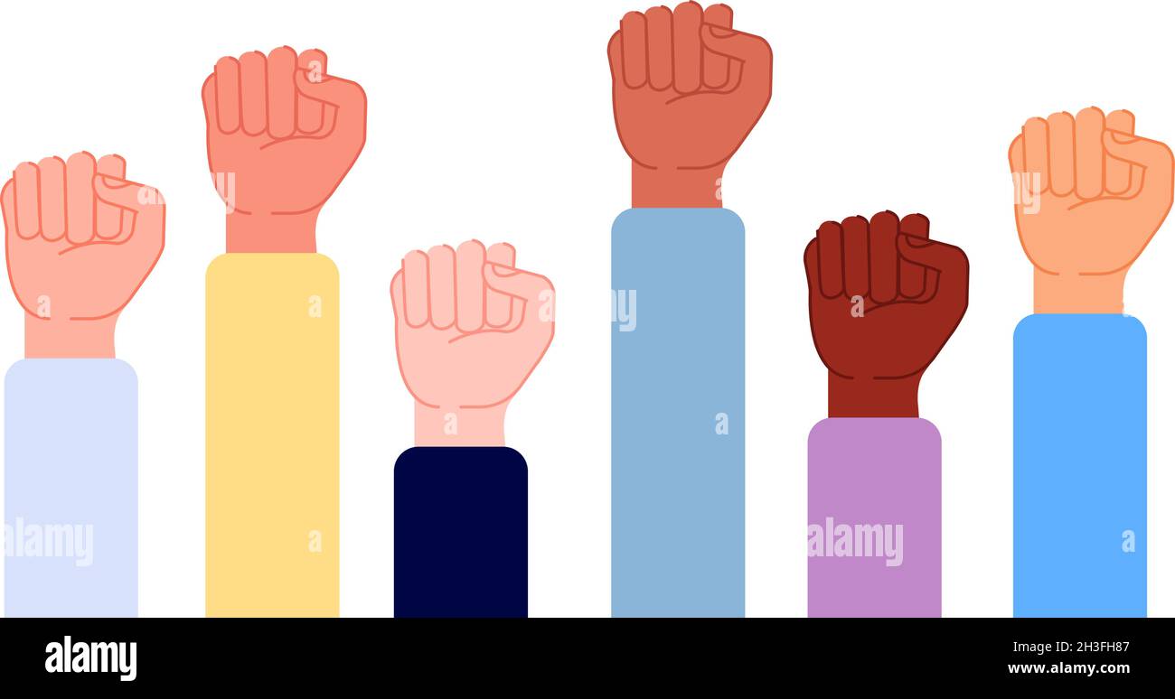 Hand fists up. Isolated punch, union power or woman solidarity. Flat feminism activists metaphor, multiracial human protest vector concept Stock Vector