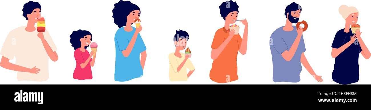 People eating dessert. Sweet food, child adult happy faces with delicious sweets. Woman eat cupcake, ice cream cafe utter vector characters Stock Vector