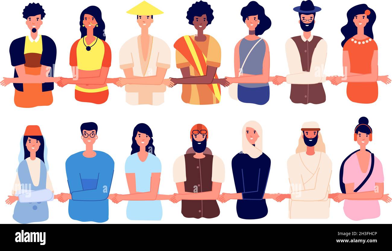 Protesters together. Women protest, group friends united and holding hands. Cartoon friendly people, entrepreneur team or diverse students utter Stock Vector