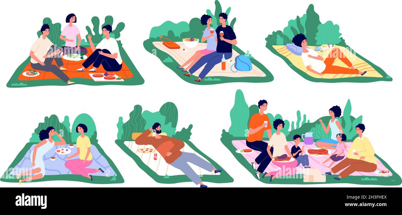 Picnic on nature. Family vacation, picnics spring or summer. People eat lunch in park, fun friends meet weekend. Healthy recreation utter vector Stock Vector