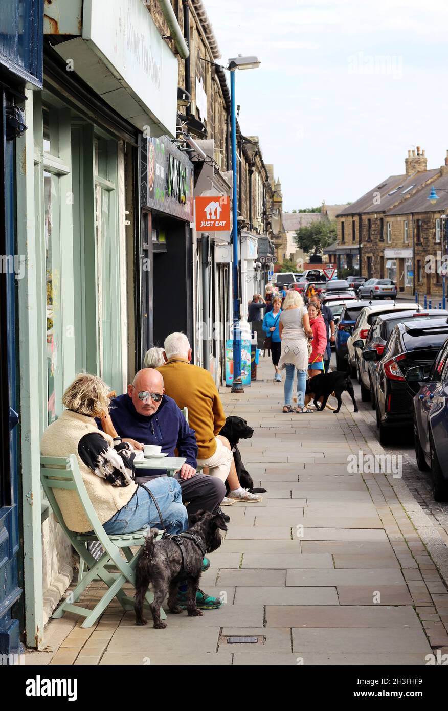 The very dog-friendly town of Amble, on the Northumberland coast, UK, bustling with cafes, seafood restaurants and vibrant beach huts Stock Photo