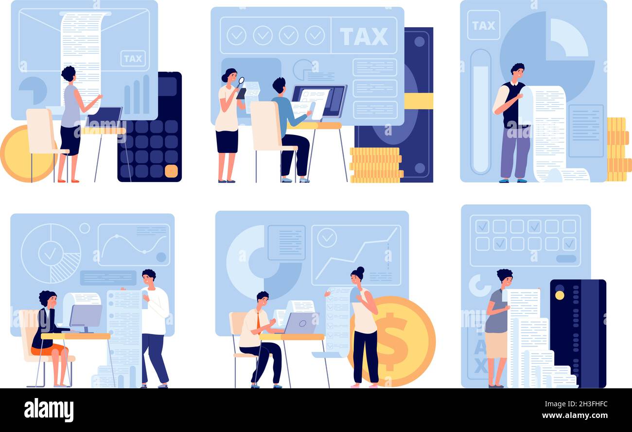 Accounting and taxes. Audit application, tax form or refund money. Financial consulting, business account and payment documents utter vector set Stock Vector