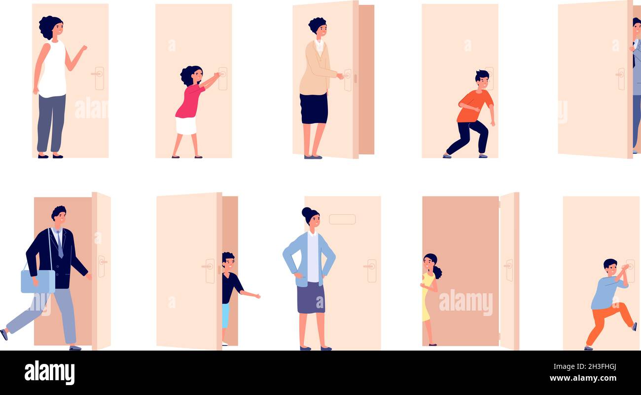 Person and door. Men open doors, business people closed and opened entry. Cartoon man woman pass, kid overhear and hold knob utter vector set Stock Vector