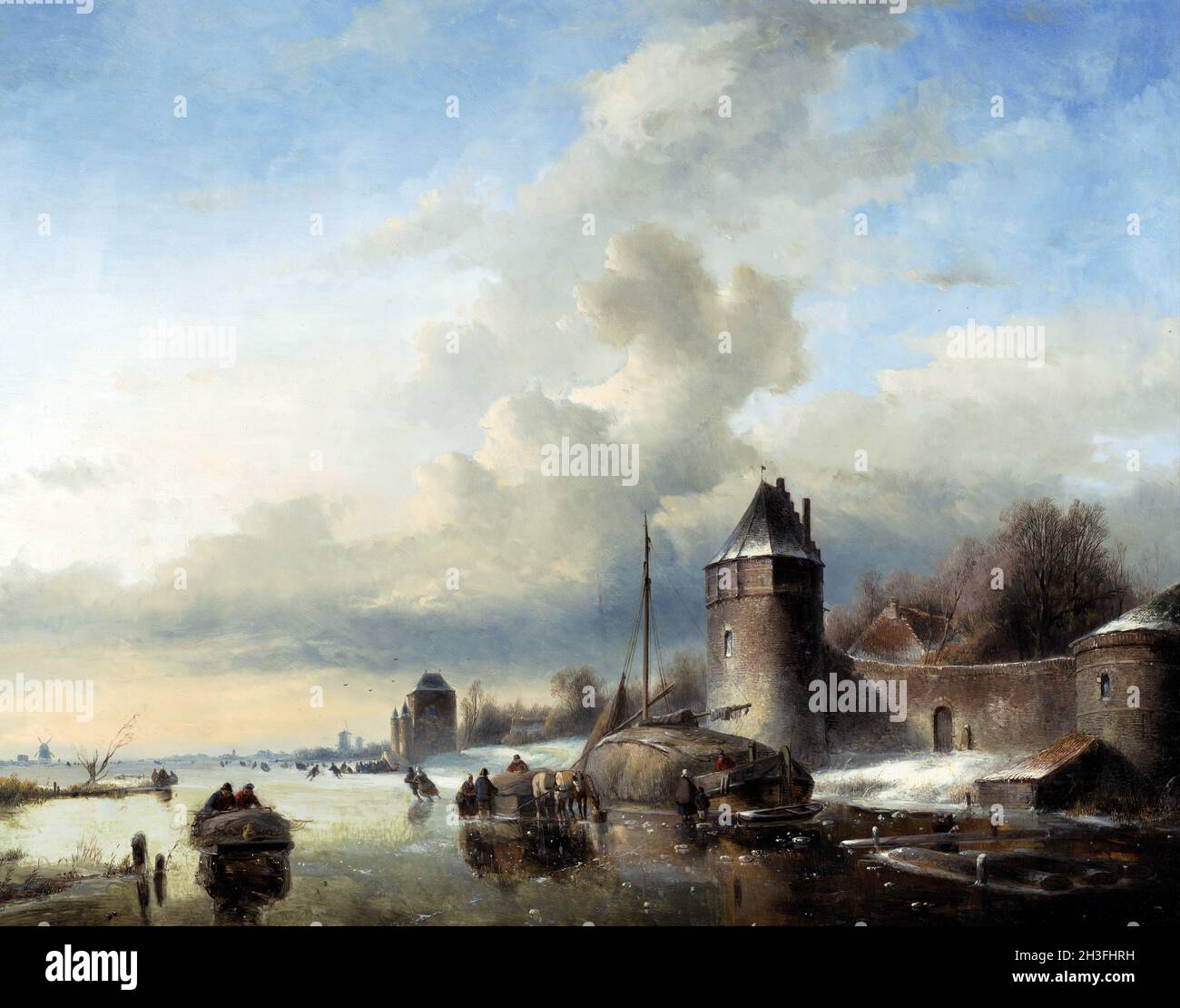 Frozen Winter River Landscape at the Entrance of a City by the Dutch artist, Andreas Schelfhout (1787–1870), oil on panel Stock Photo