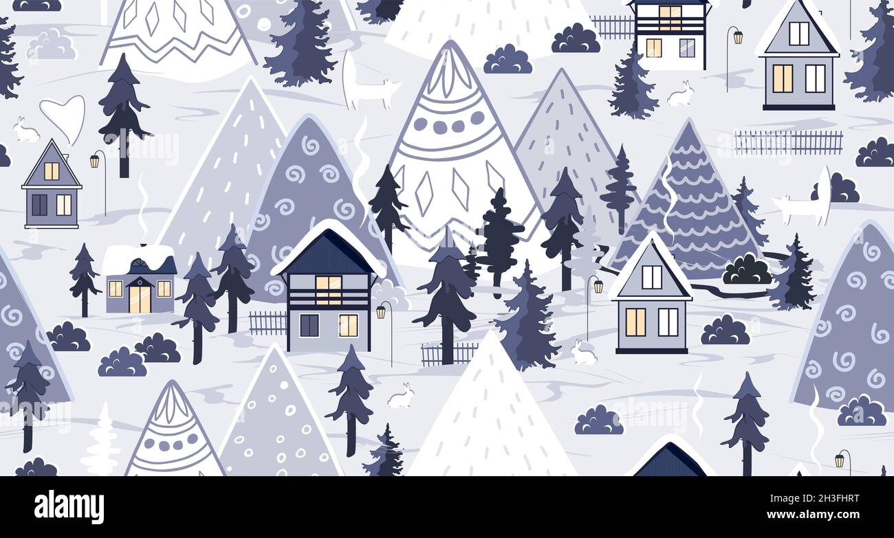 Winter seamless pattern. Cute houses, mountains and trees landscape ...