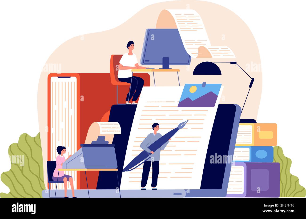 Creative blogging. Cartoon content managers, blog writers and professional copywriters. Creation article, seo marketing utter vector concept Stock Vector