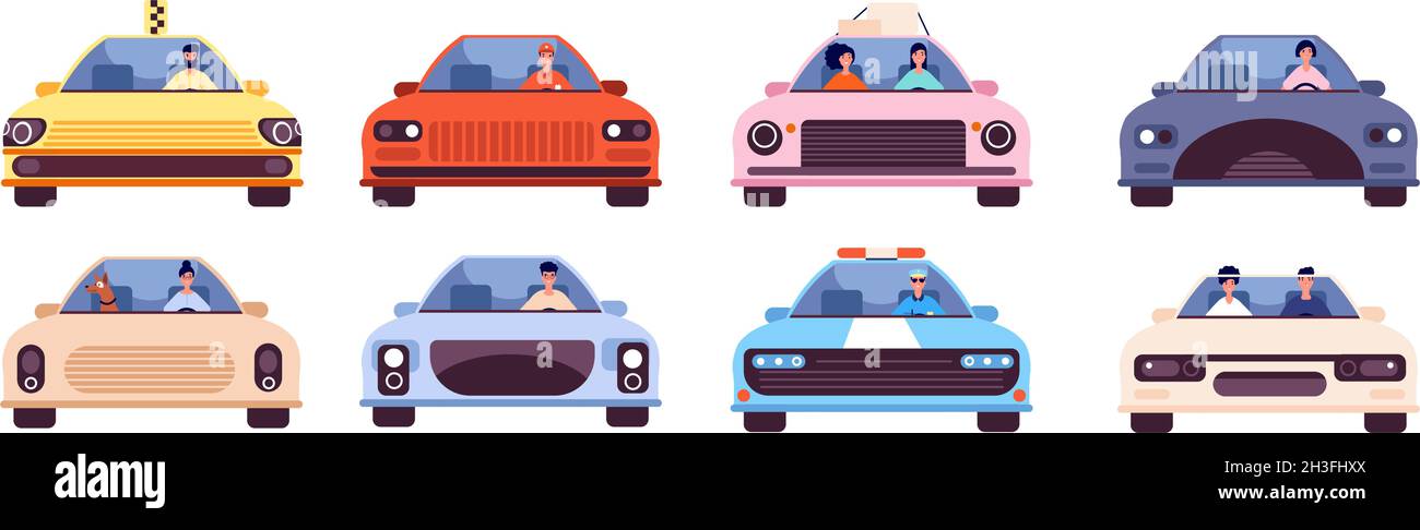 People driving car. Journey style, young character travel with pet. Taxi driver, auto front side with passengers. Utter transport vector set Stock Vector