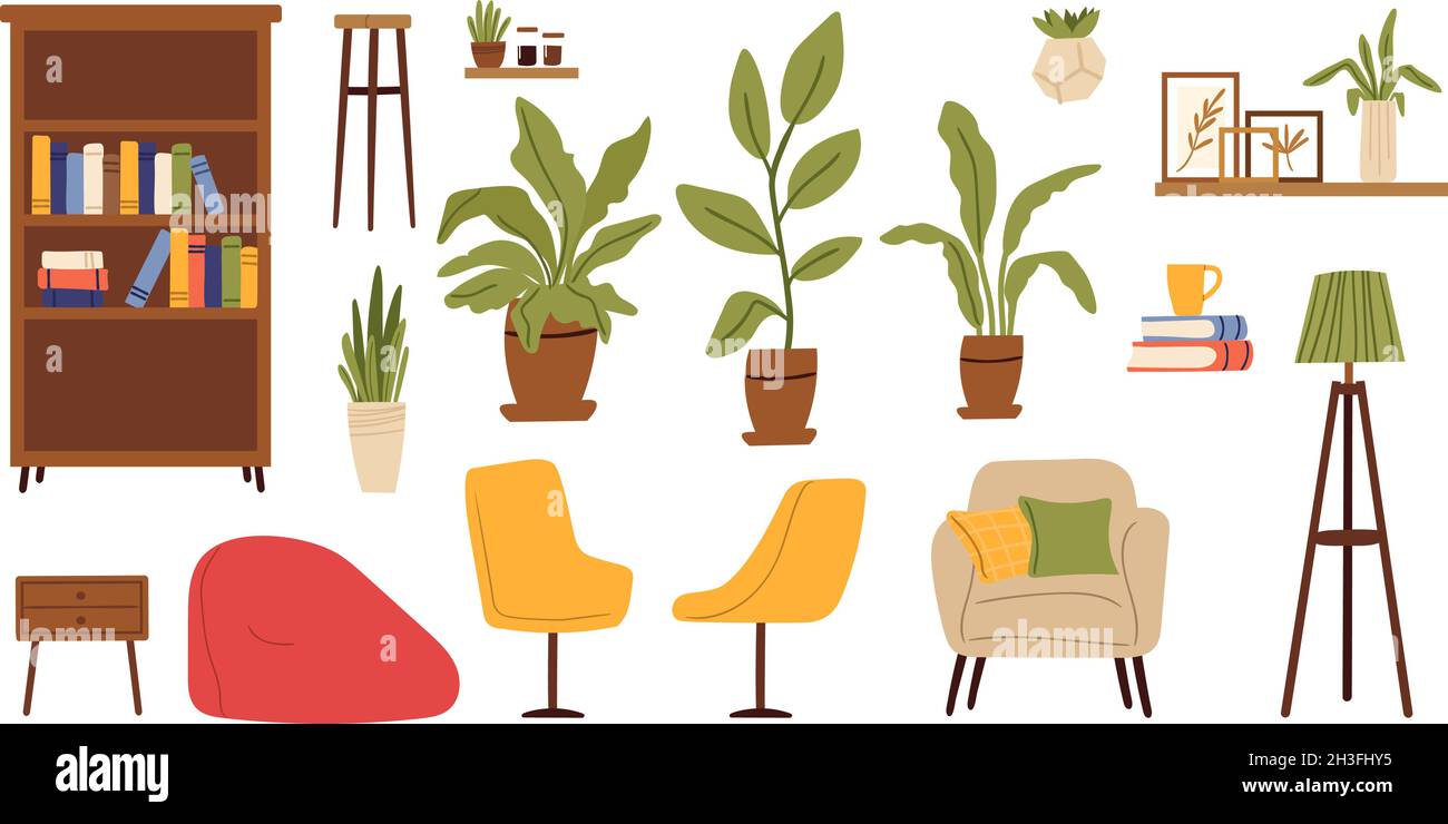 Living room furniture. Scandinavian furnitures, plants in pot, chairs and shelves with book. Isolated flat bookcase, scandi home accessories vector Stock Vector