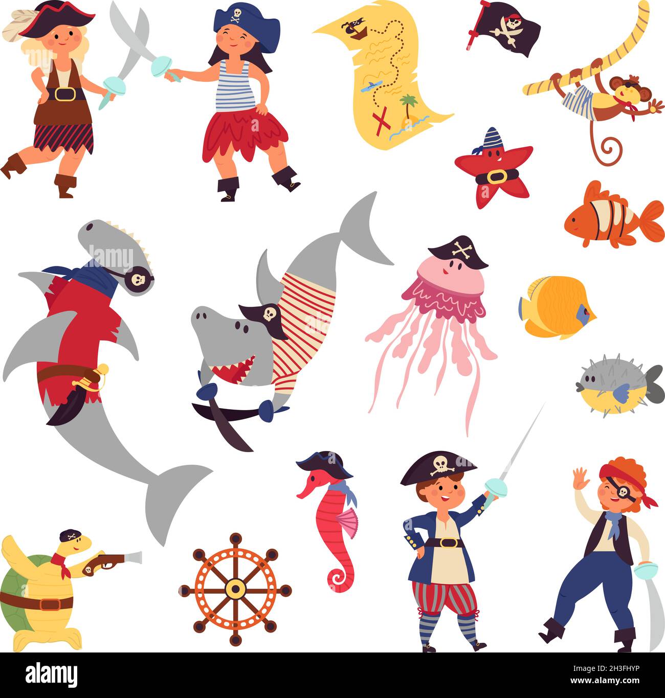 Pirates life. Sea wildlife, ocean plants cartoon shark fish. Children costumes, underwater world marine adventures decent vector characters Stock Vector