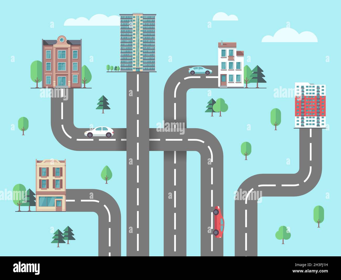 Children road map. Suburb or city, urbanization concept. Top view highway to buildings, car driving to home flat vector illustration Stock Vector