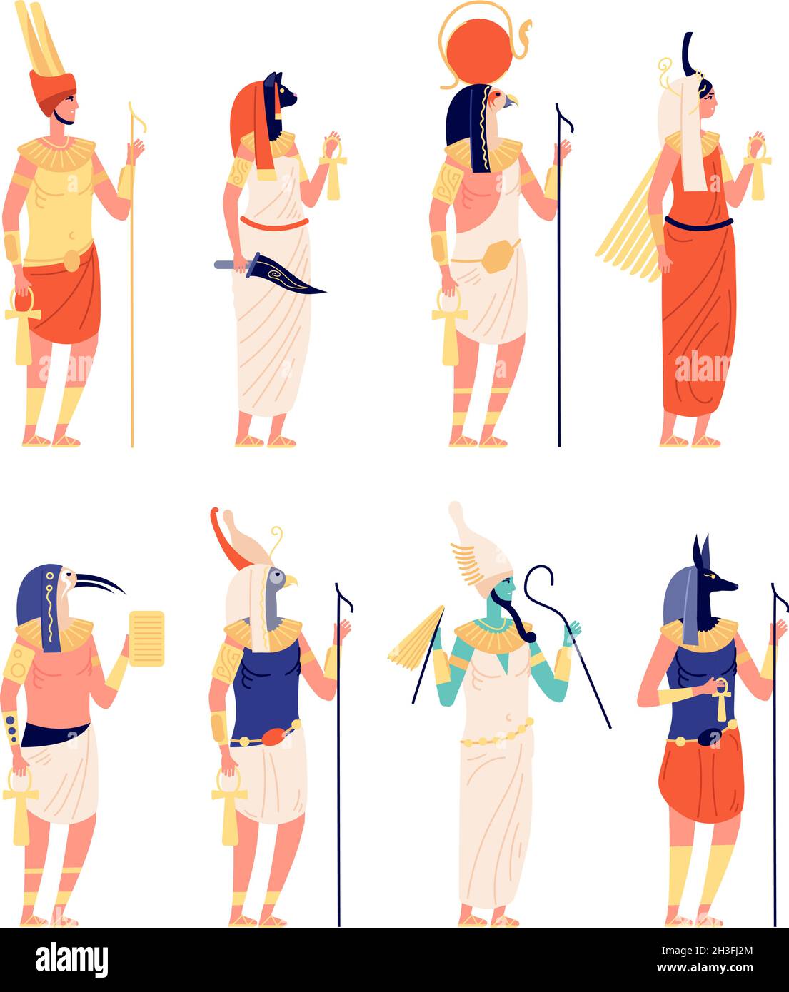 Egypt characters. Ancients egyptian god, old culture goddess. Osiris horus anubis statues, cartoon historical symbols utter vector collection Stock Vector