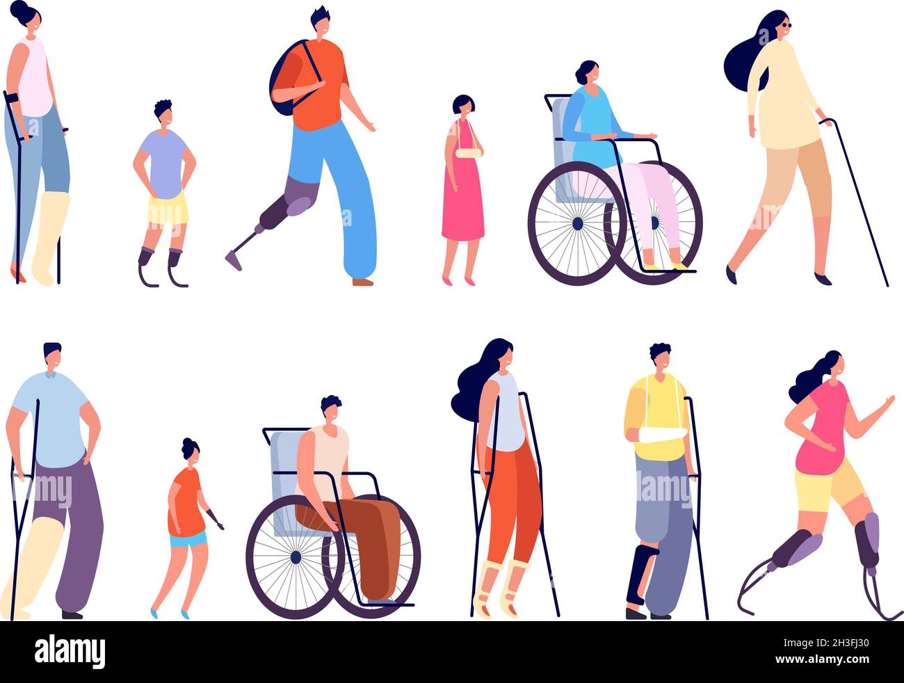 Disability people. Children trauma, people with bandages crutch in wheelchair. Disabled man woman, isolated injured person vector character Stock Vector