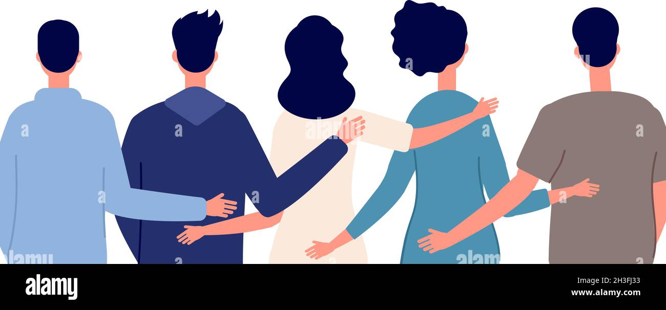 Teamwork help. Diverse people community, friends hugging hand together back view. Friendship or family support, business group vector concept Stock Vector