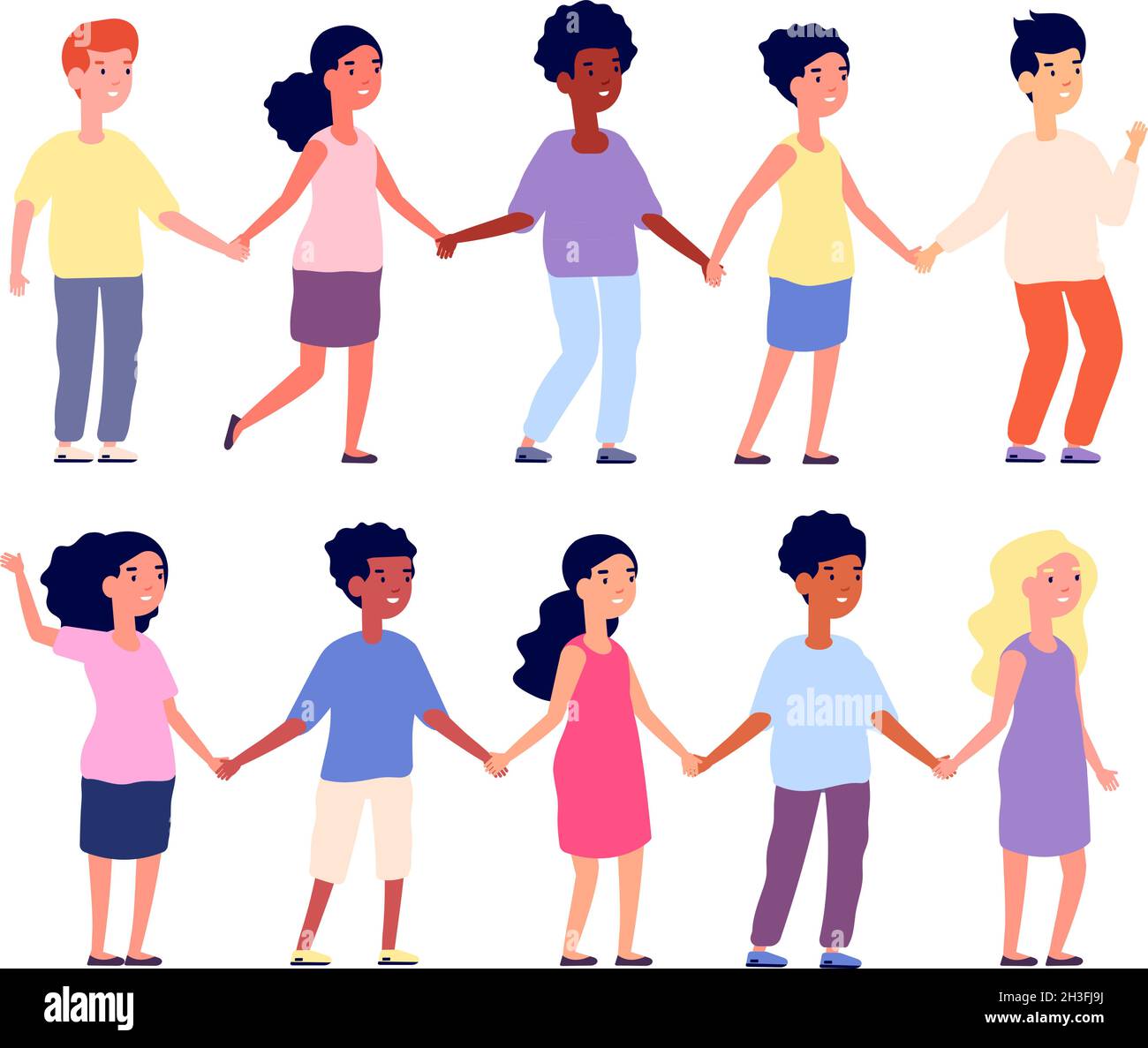 Kids holding hands. Multicultural people, cartoon children friends together. Happy face, isolated kindergarten group, friendship utter vector concept Stock Vector