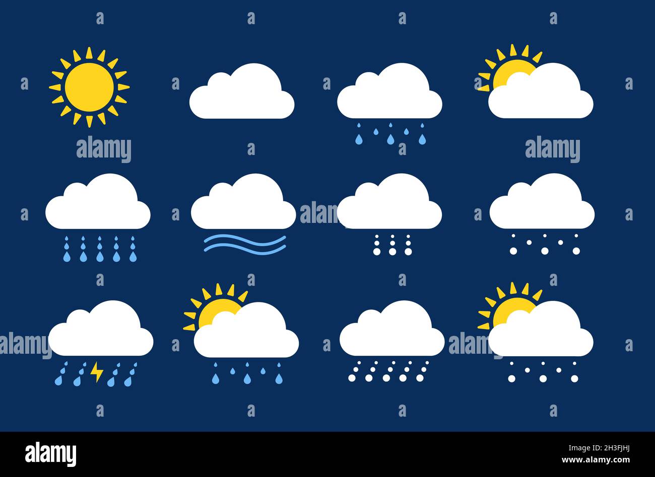 Weather icons. Season climate, precipitation rain and snow. Flat meteo  report or forecast clipart elements. Sunny cloudy rainy utter vector  symbols Stock Vector Image & Art - Alamy