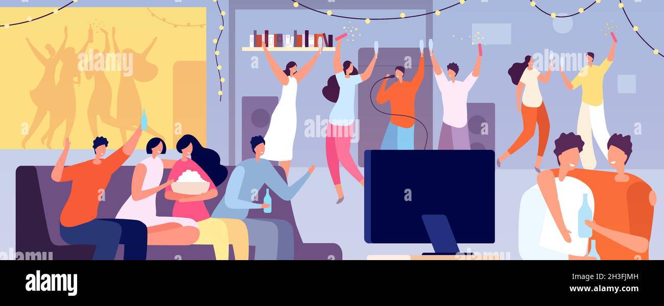 Friends home party. Apartment evening, young teens night dance at flat. People talk, watch tv or playing video game utter vector illustration Stock Vector