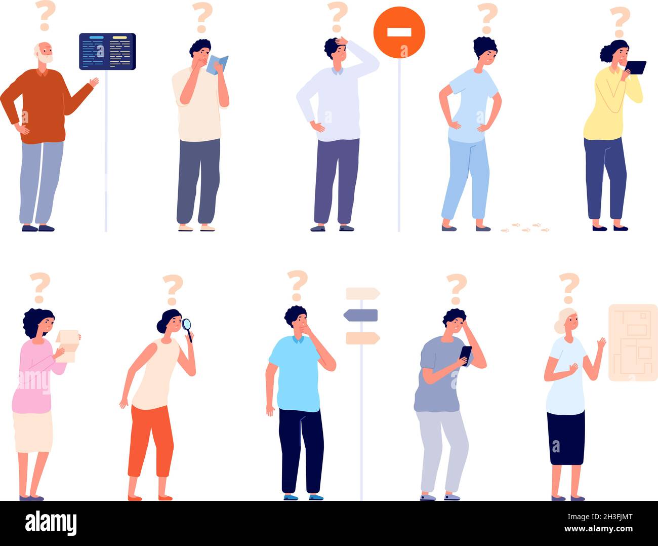 People ask. Businessman asking question, interrogative mark or questions. Think about problem, finding answer. Utter confused vector characters Stock Vector
