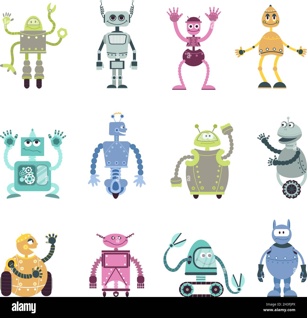 Cartoon robots characters. Mechanical robot, retro toy monsters. Cute