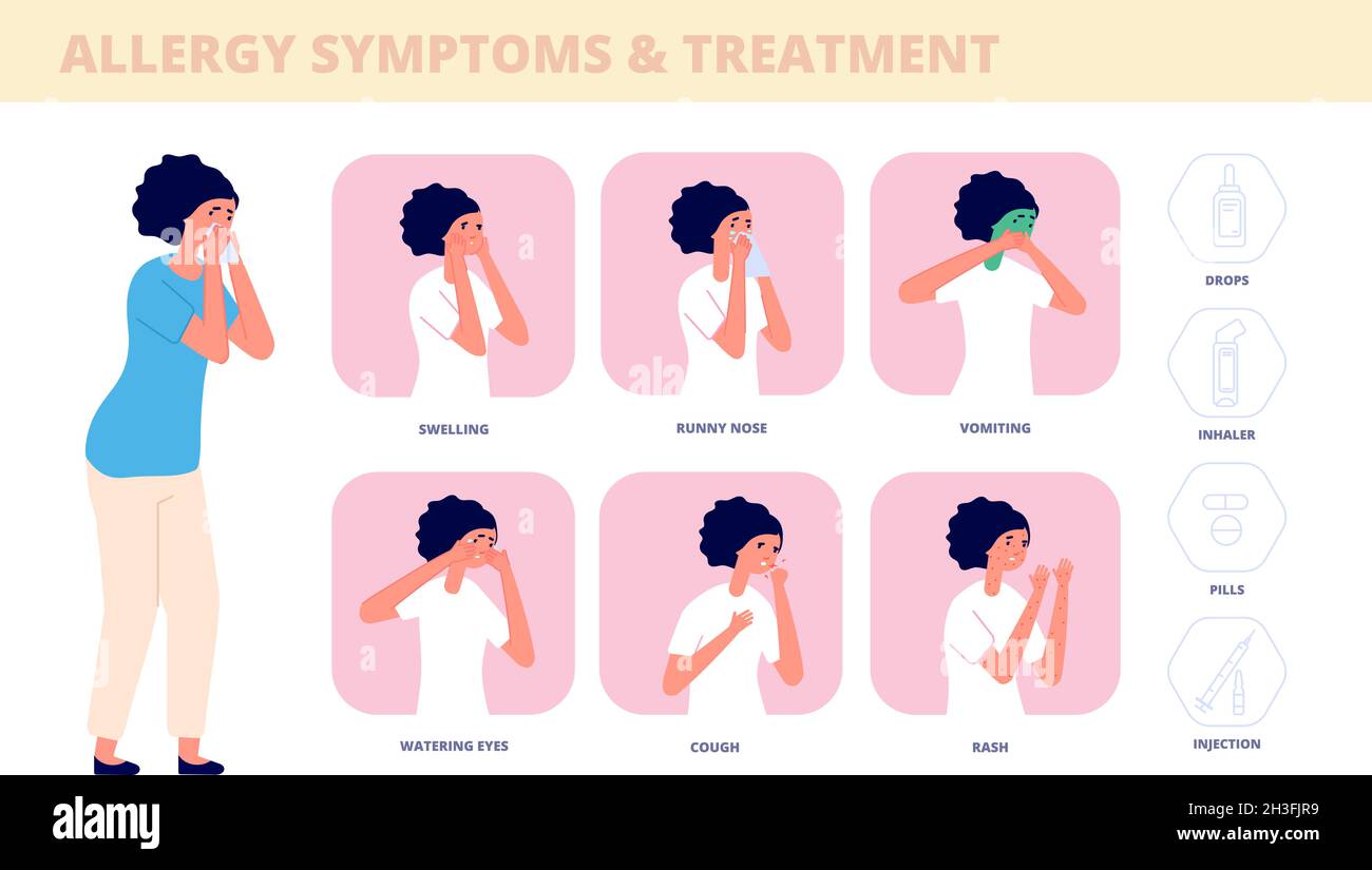 Allergy symptoms. Allergic cough, sick woman treatment. Seasonal health