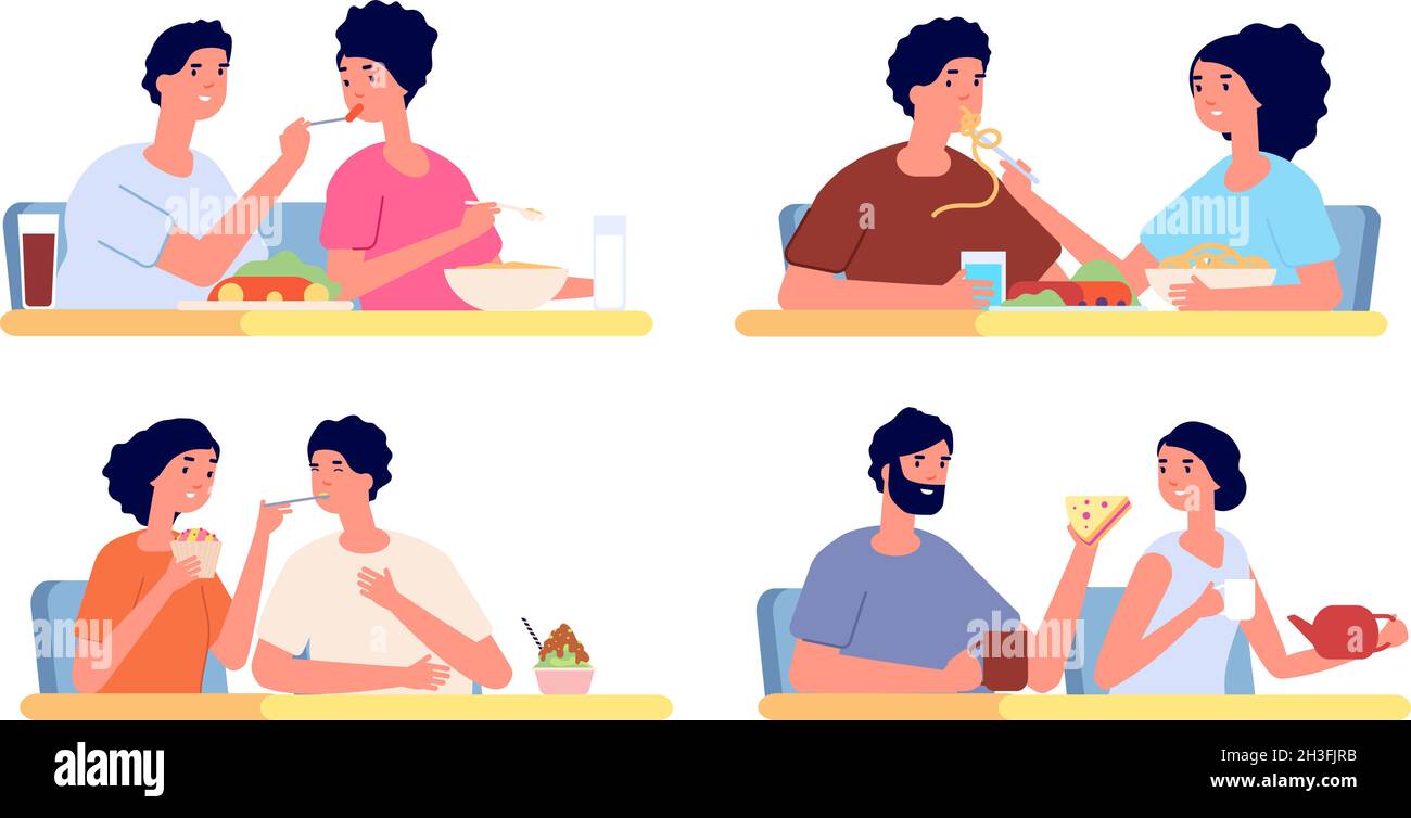 People eat together. Couple eating, dinner food in restaurant. Friends meeting, cartoon smiling woman man on lunch table utter vector concept Stock Vector