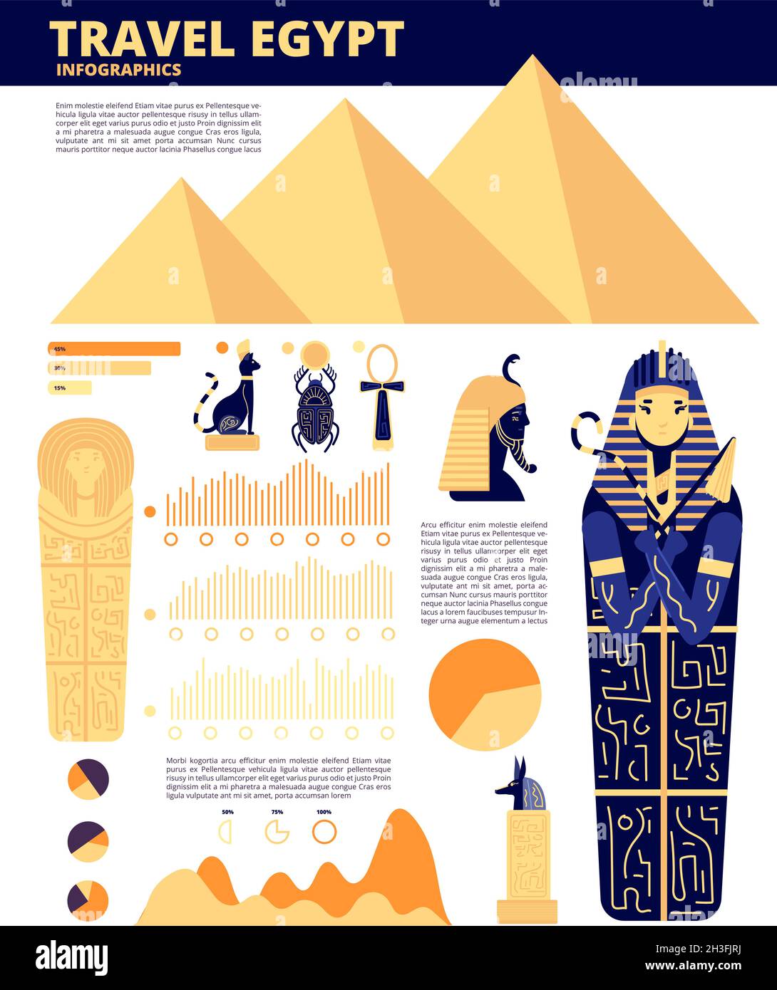 Egypt travel. Ancient history elements, egyptian symbols infographics. Travelling site concept, pyramid landmarks utter vector info poster Stock Vector