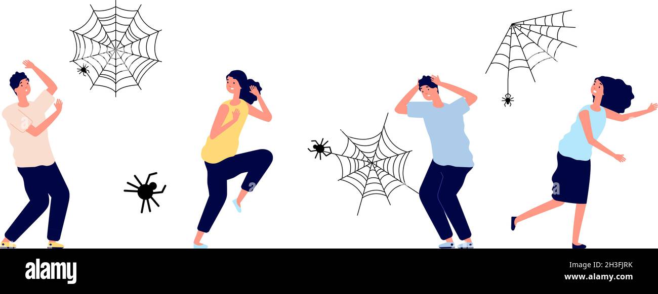 Arachnophobia. People has irrational extreme fear of spiders. Cobweb and insects, flat man woman in panic or stress, afraid vector characters Stock Vector