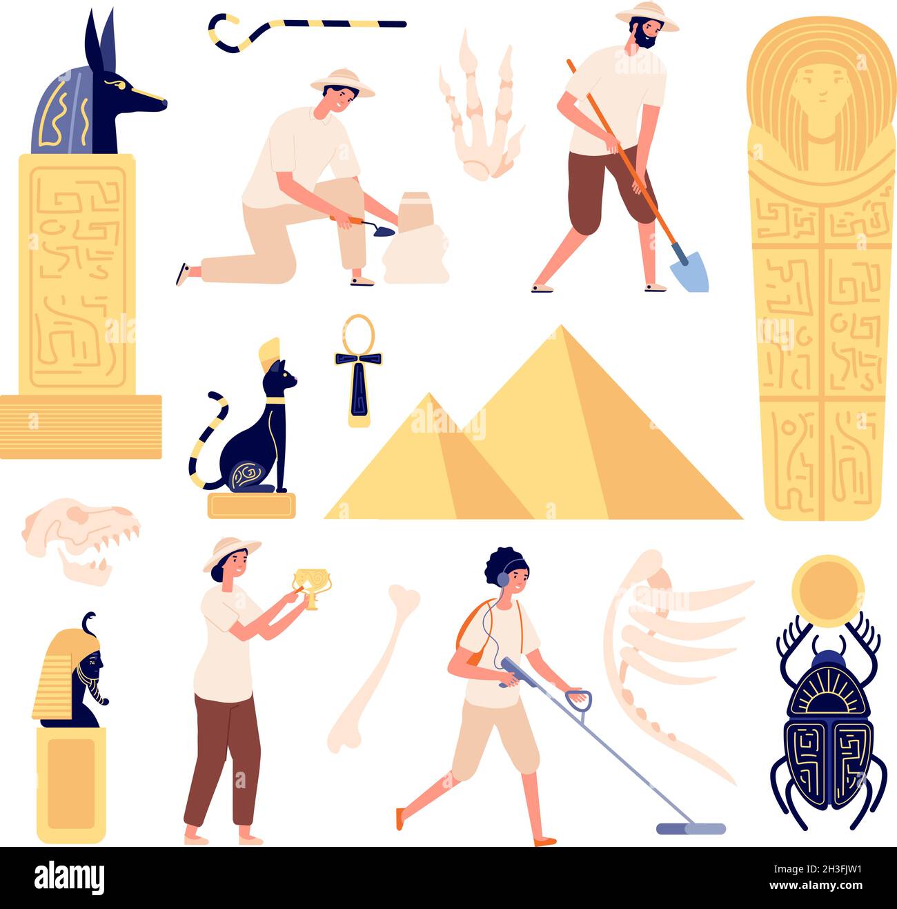 Archeology characters. Paleontologist discoveries skull, archeologists with instruments. Flat egyptian artefacts and fossil utter vector set Stock Vector