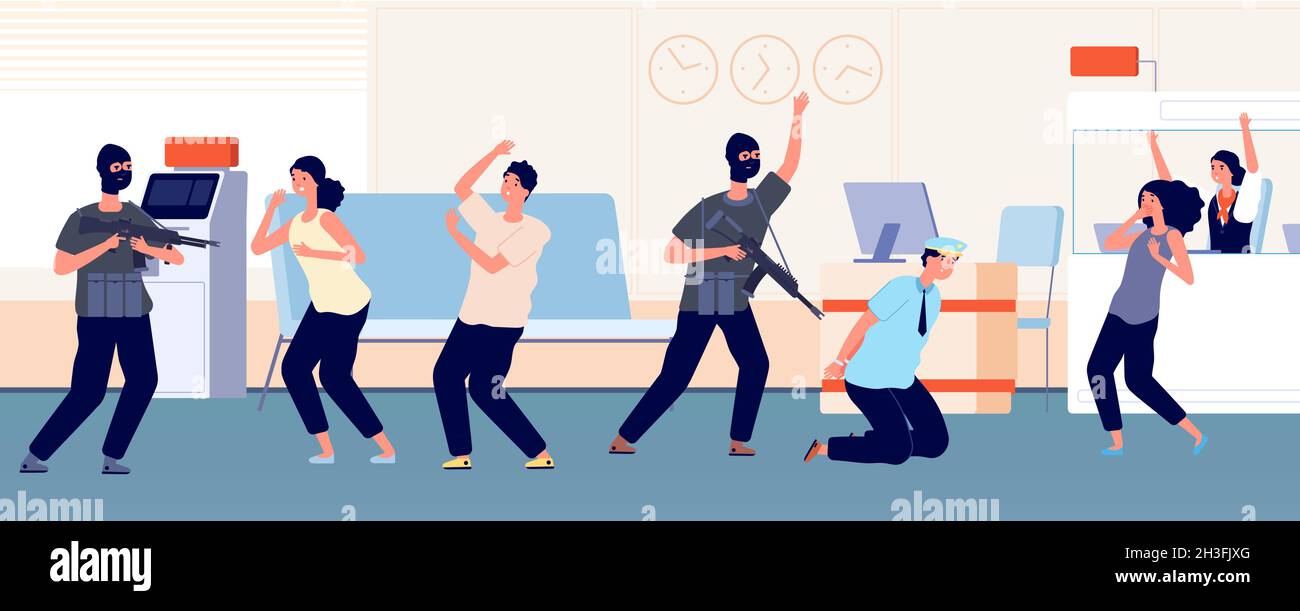Robbery. Bank criminals, hostages and thieves, afraid characters. Armed men in masks and with weapons attacked men and women vector illustration Stock Vector