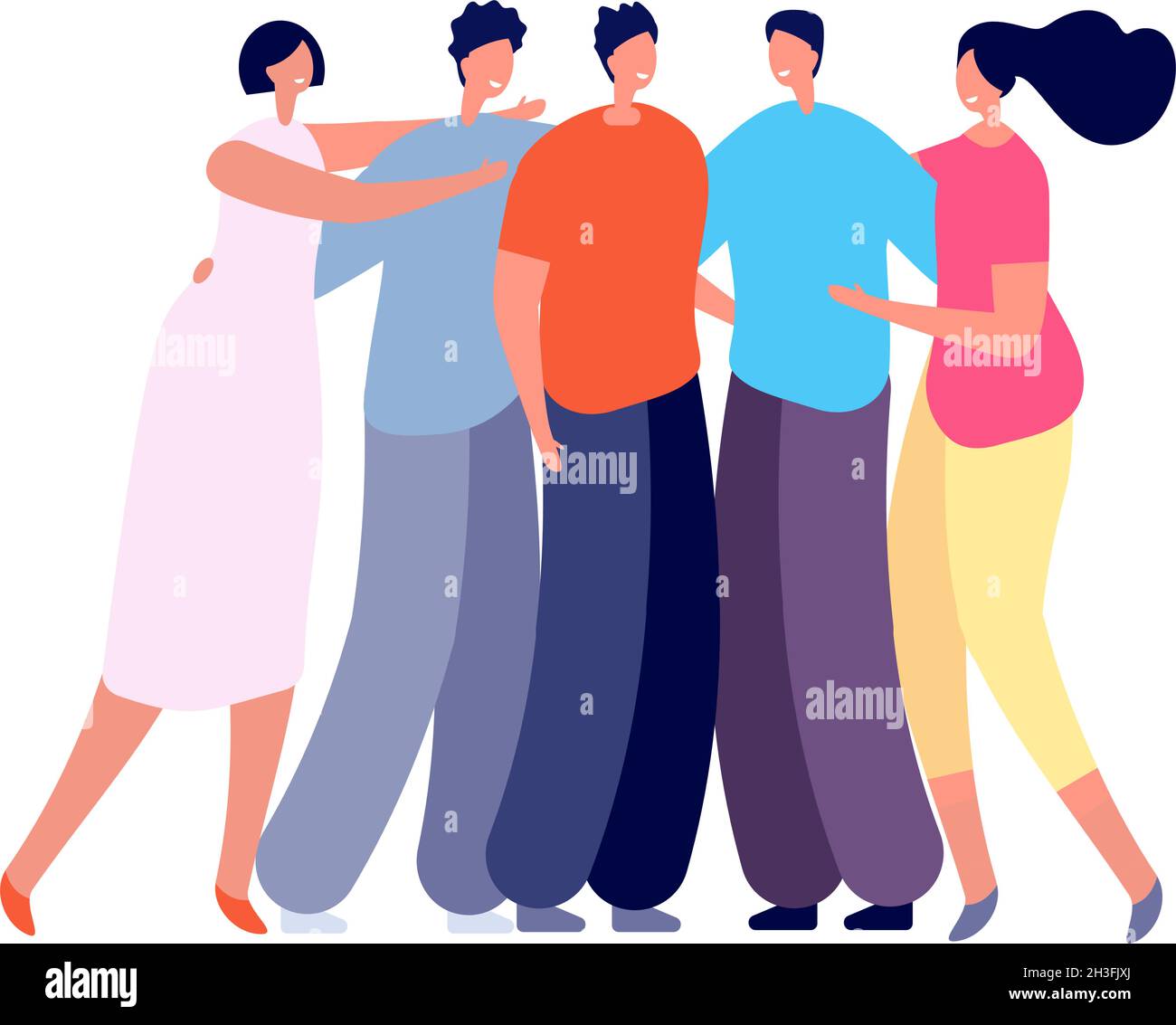 Best friends support. Girls boys hugging, isolated young adults group. Culture student community, solidarity or helping utter vector concept Stock Vector
