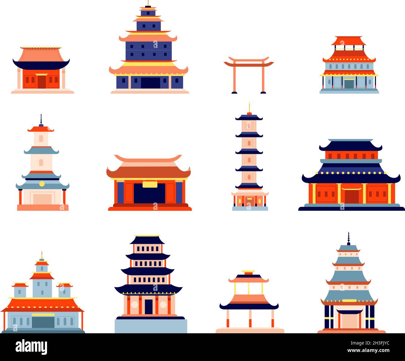 Chinese buildings. China town, temple culture symbol design. Asia architecture, ancient pagoda, flat japanese or korean house utter vector set Stock Vector