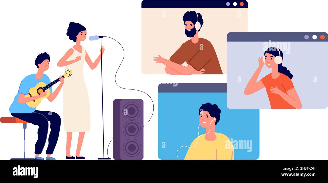 Live stream. Music streaming, online event or musical blogger. Modern video party entertainment, dj singer and audience on screen utter vector concept Stock Vector
