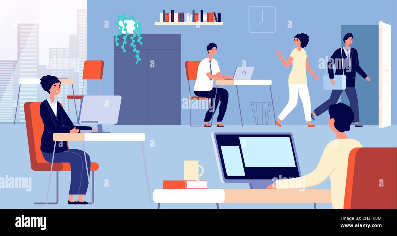 People leave office. Employee open door, man woman going home from work