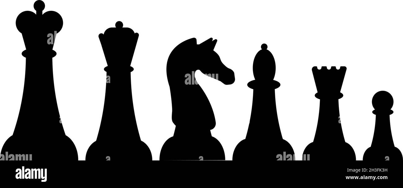 Chess pieces. Black piece logo, rook queen king icons. Board game objects silhouettes, isolated flat pawn knight bishop utter vector set Stock Vector