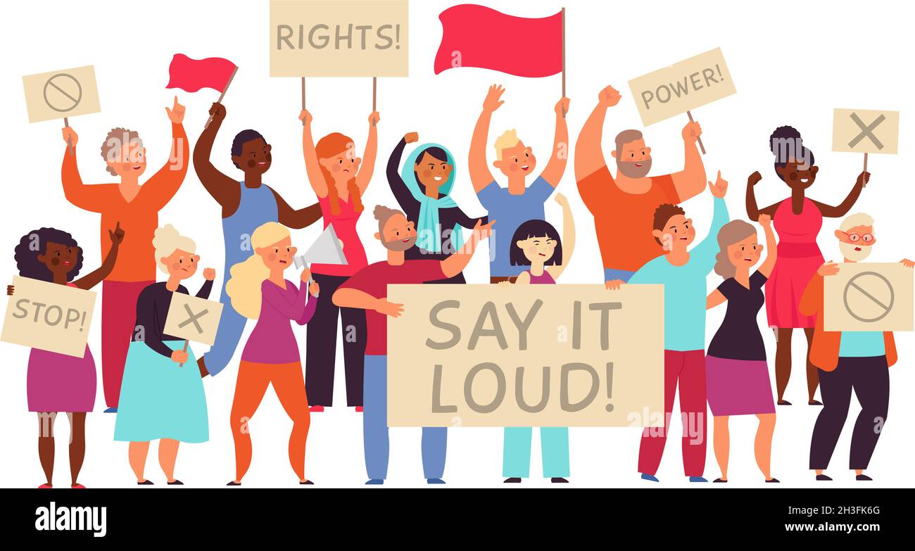 Demonstration activists. Women demonstrate power, protest people group holding placards. Worker crowd hold empty banner decent vector concept Stock Vector