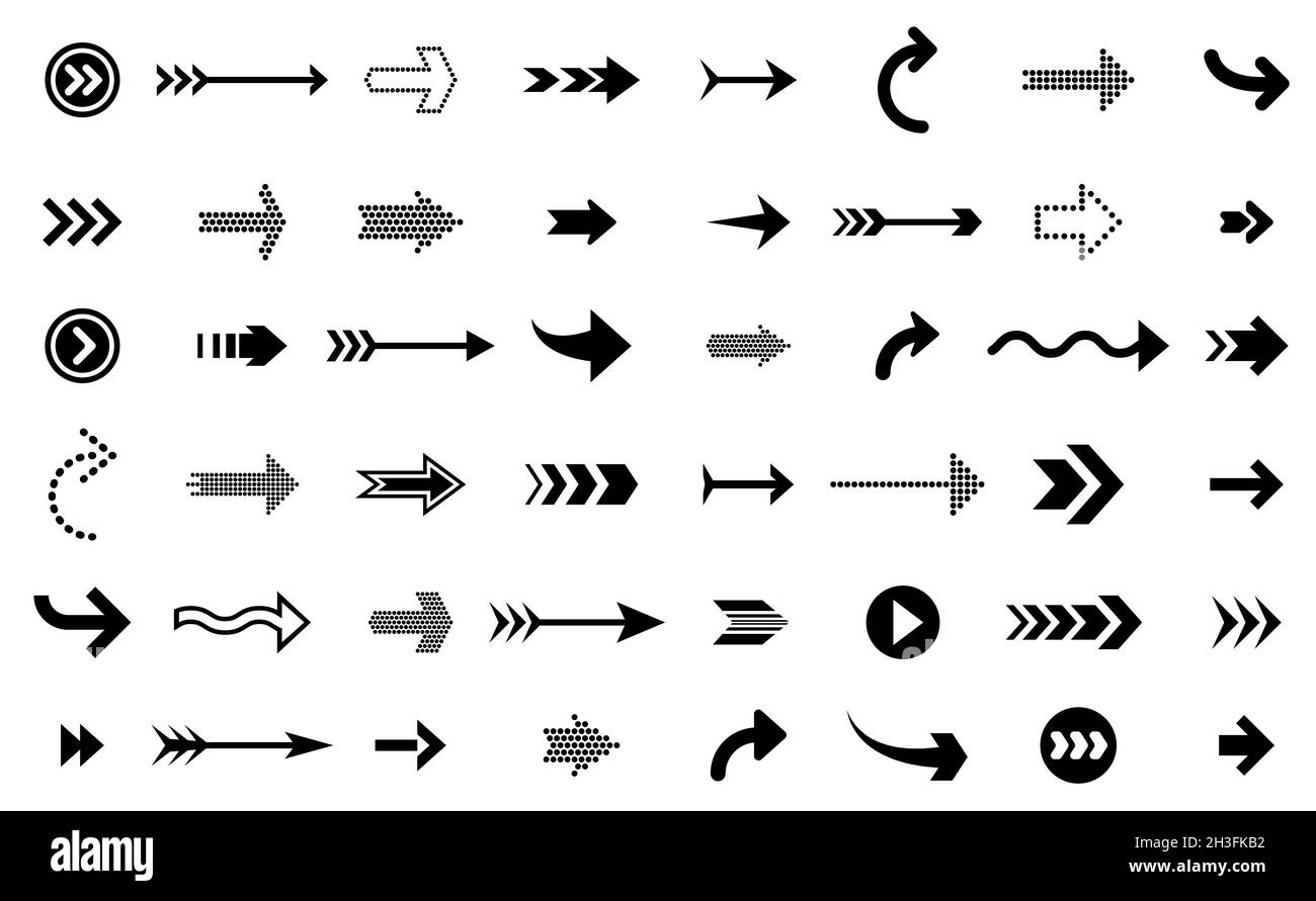 Black arrows icons. Modern arrow up, direction sign graphic symbols. Infographic up down elements, pointer or interface cursor recent vector set Stock Vector