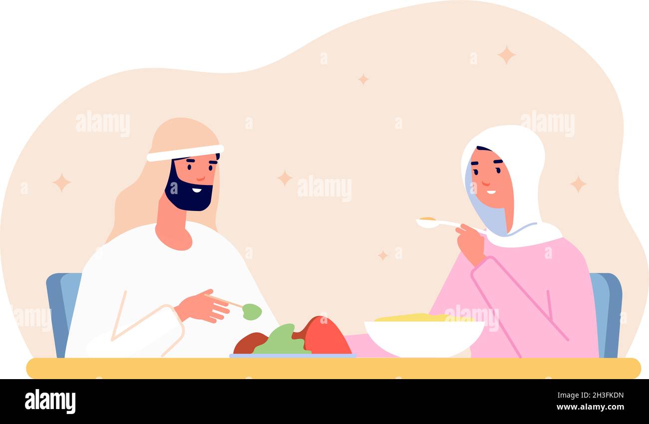 Ramadan kareem dinner. Arab home eat, muslim family eating evening or night. Iftar party, arabic woman man at utter table with meal vector concept Stock Vector