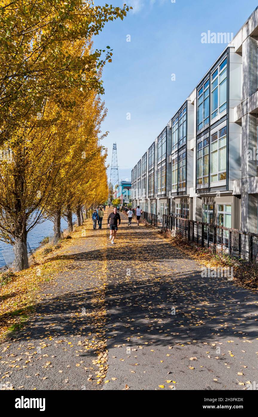 People on the leaf-strewn Burke Gilman Trail with condos and/or apartments alongside the tree-lined pathway near Fremont, Washington. Stock Photo