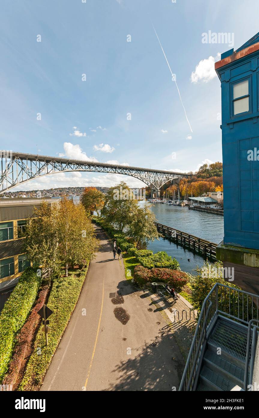 Along the Burke Gilman Trail near the underside of the Aurora Bridge