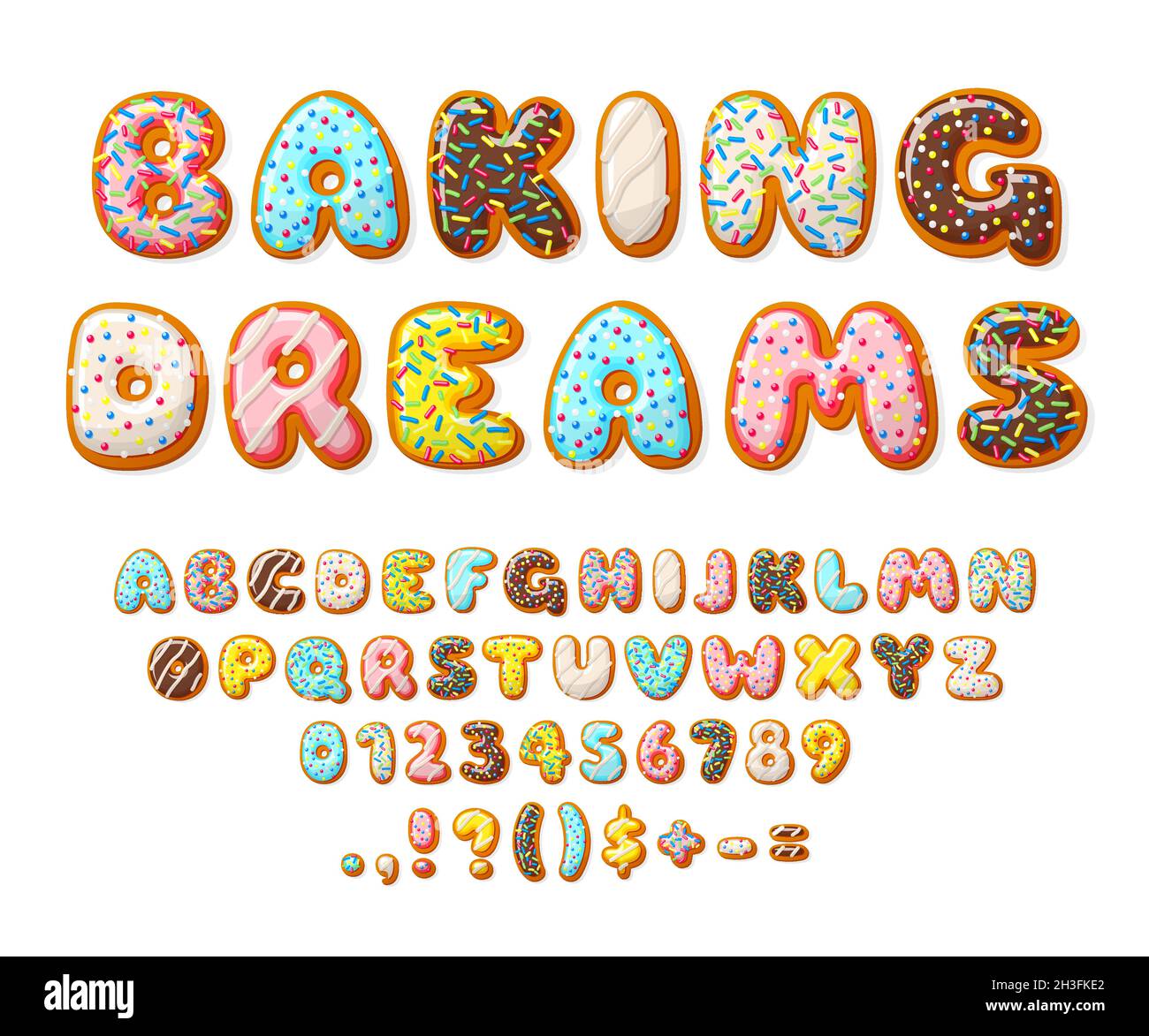 Donut font. Sweets letters, bakery text numbers alphabet. Cake and